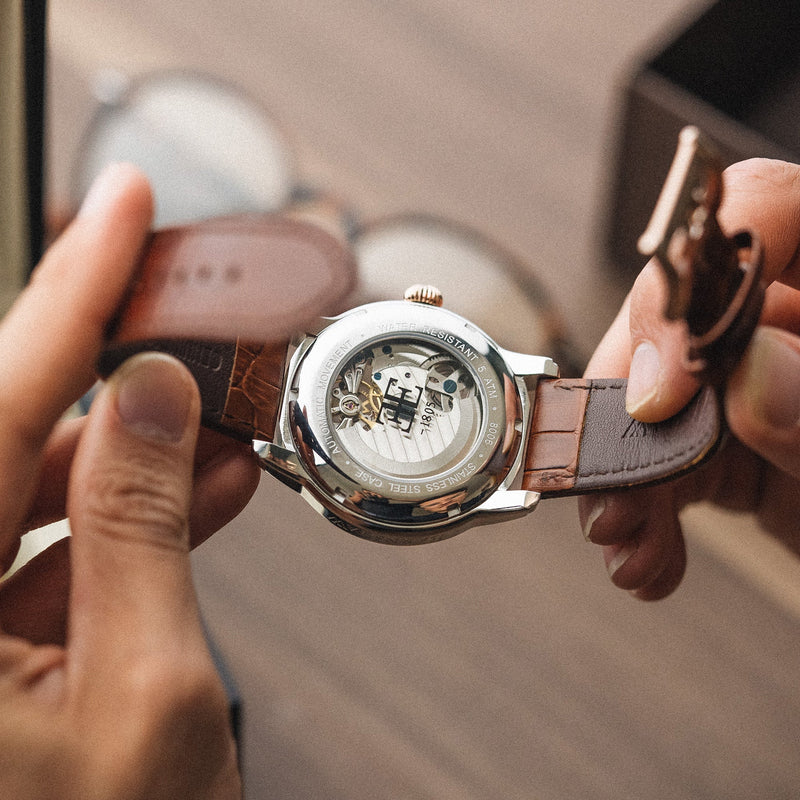 Longitude Automatic Skeleton Watch Silver White & Brown / Genuine leather strap Semi-transparent Dial