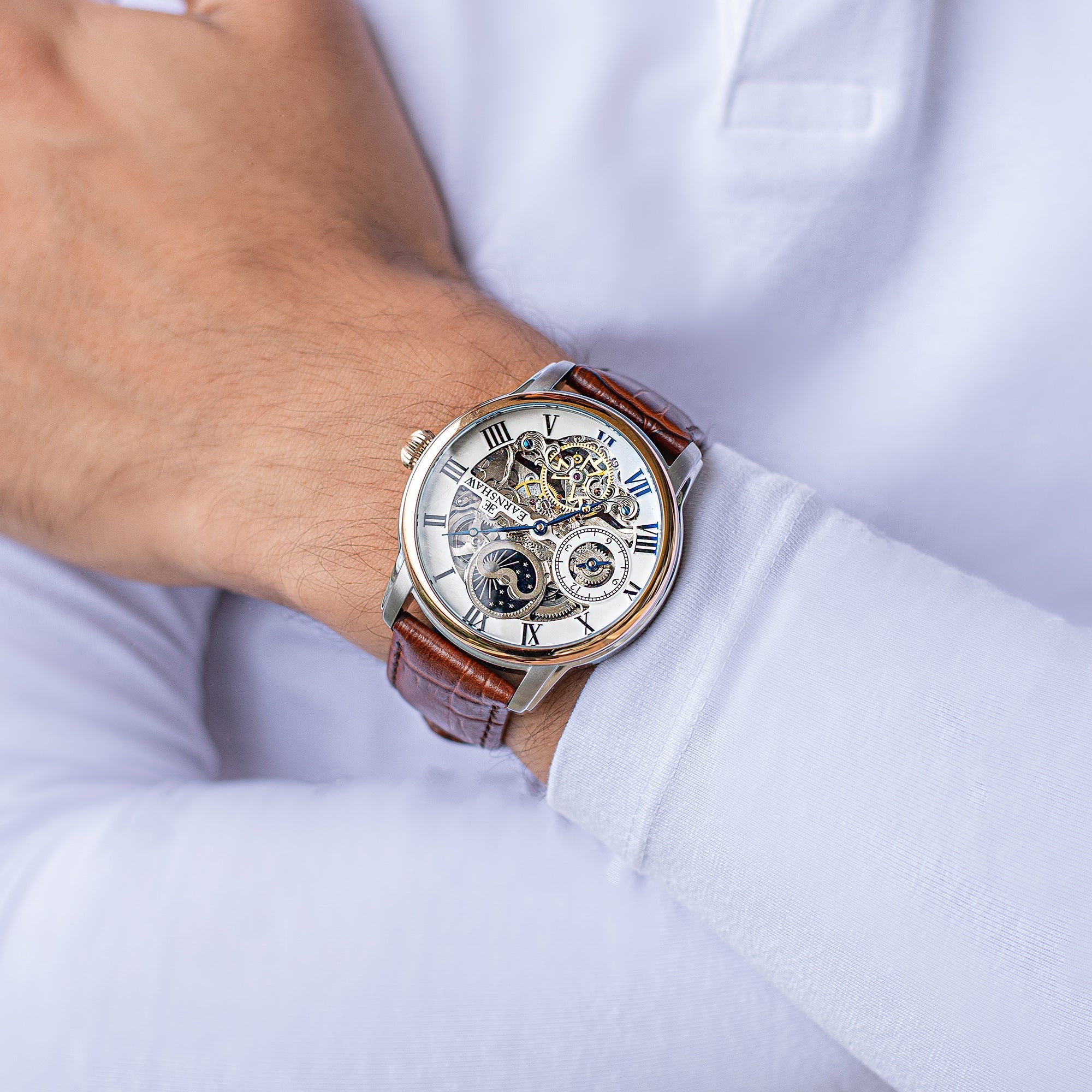 Longitude Automatic Skeleton Watch Silver White & Brown / Genuine leather strap Semi-transparent Dial