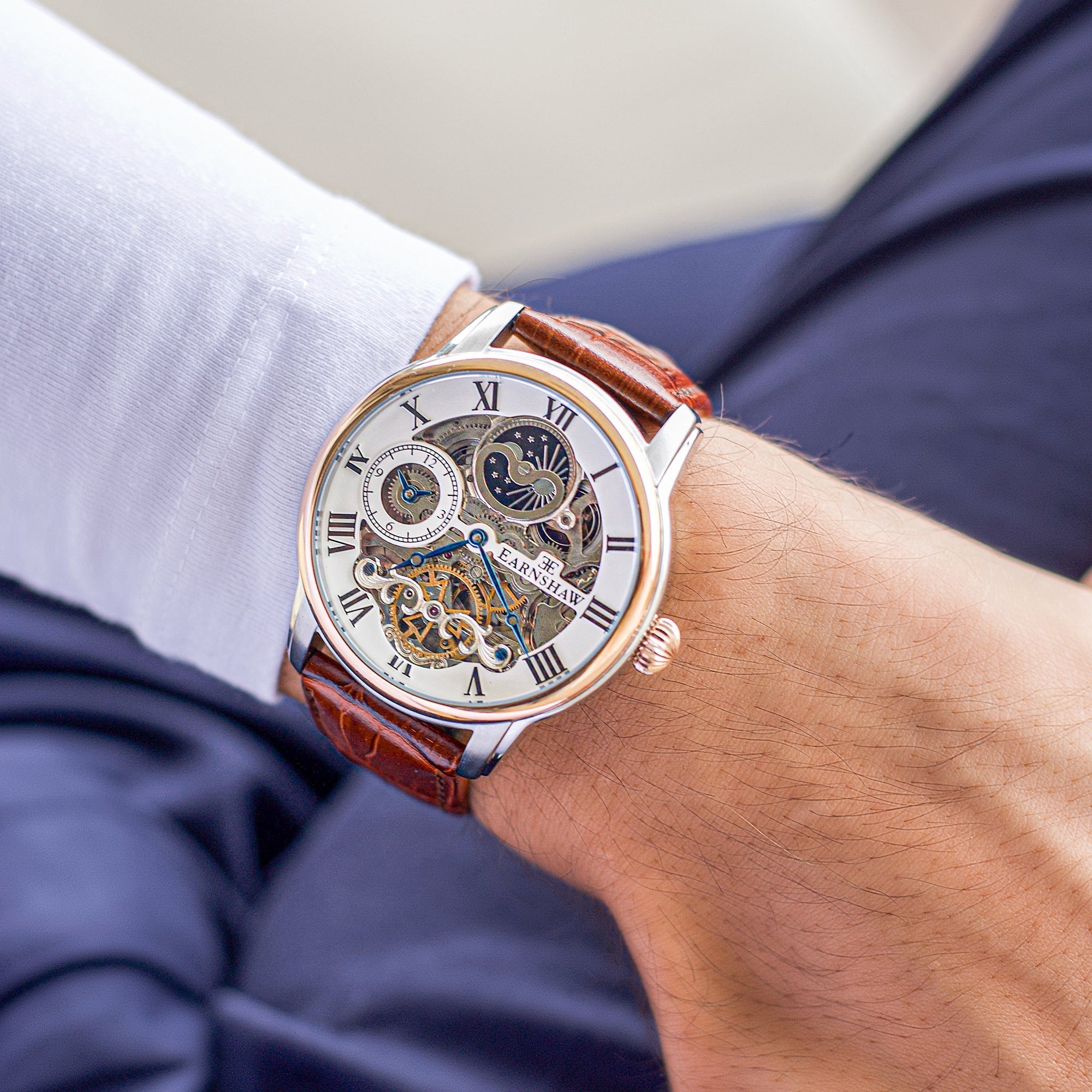 Longitude Automatic Skeleton Watch Silver White & Brown / Genuine leather strap Semi-transparent Dial