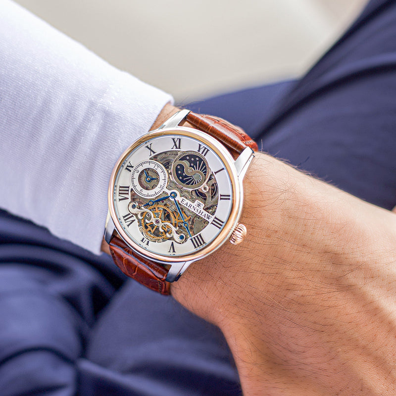 Longitude Automatic Skeleton Watch Silver White & Brown / Genuine leather strap Semi-transparent Dial