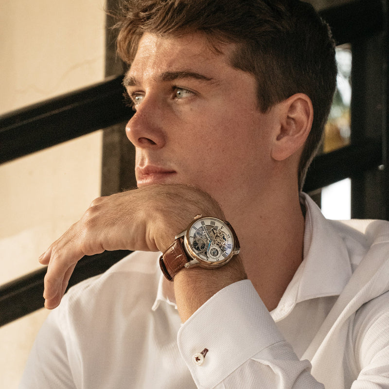 Longitude Automatic Skeleton Watch Silver White & Brown / Genuine leather strap Semi-transparent Dial