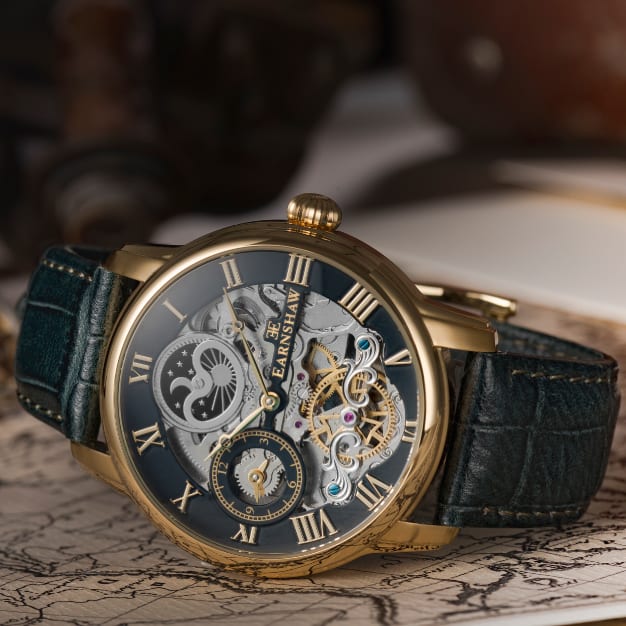 Longitude Automatic Skeleton Watch Green / Genuine leather strap | Semi-transparent Dial