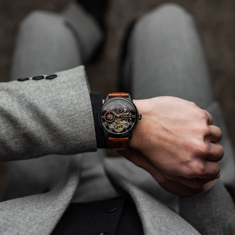 Longitude Automatic Skeleton Watch Black & Brown / Genuine leather strap | Semi-transparent Dial