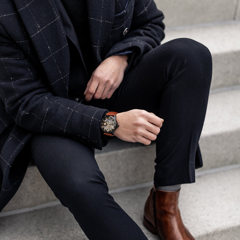 Longitude Automatic Skeleton Watch Black & Brown / Genuine leather strap | Semi-transparent Dial