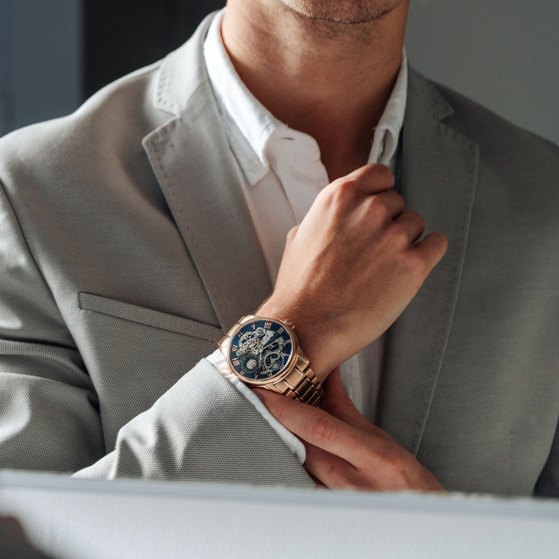 Longitude Automatic Skeleton Watch Black & Ionic Plating Rose Gold / Solid bracelet | Black Dial