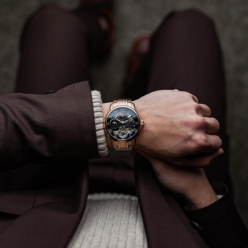 Longitude Automatic Skeleton Watch Black & Ionic Plating Rose Gold / Solid bracelet | Black Dial