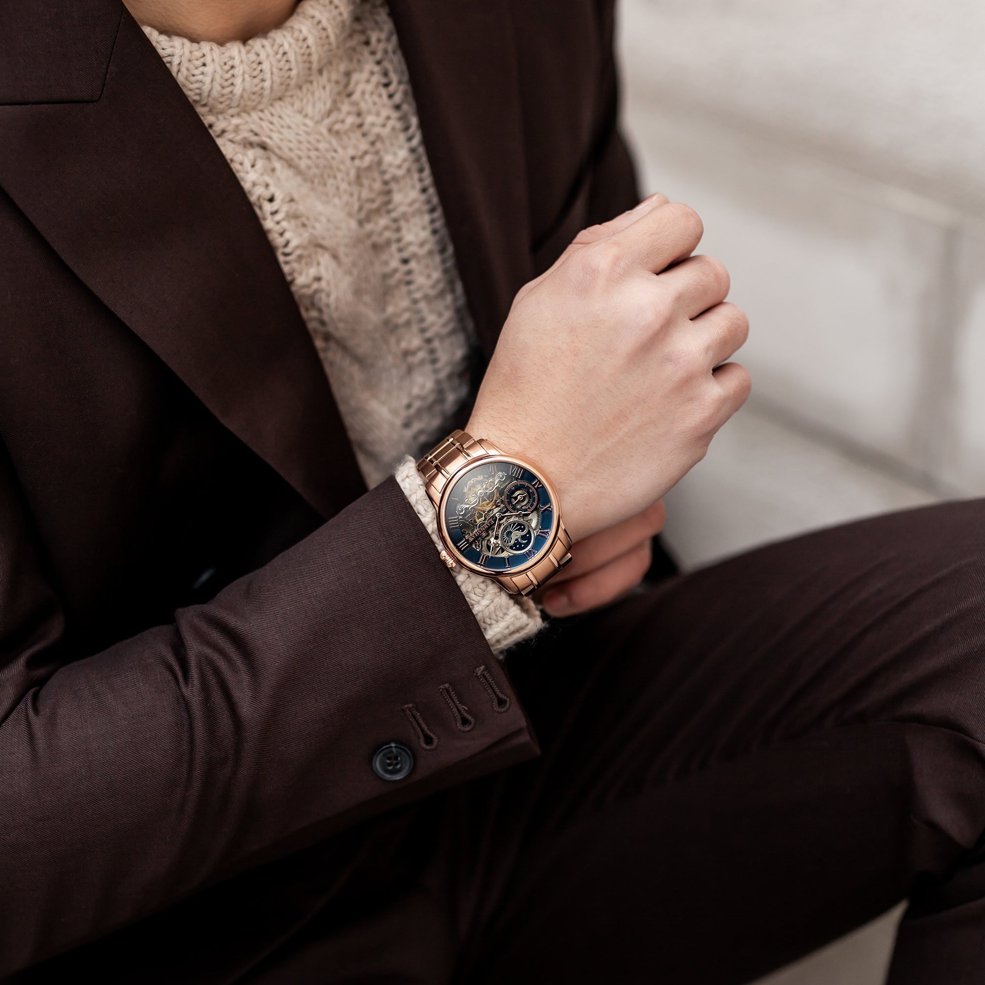 Longitude Automatic Skeleton Watch Black & Ionic Plating Rose Gold / Solid bracelet | Black Dial