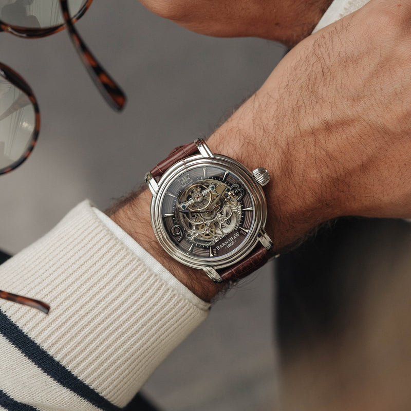 Longcase Automatic Skeleton Watch Grey & Brown / Genuine leather strap | Gray Dial