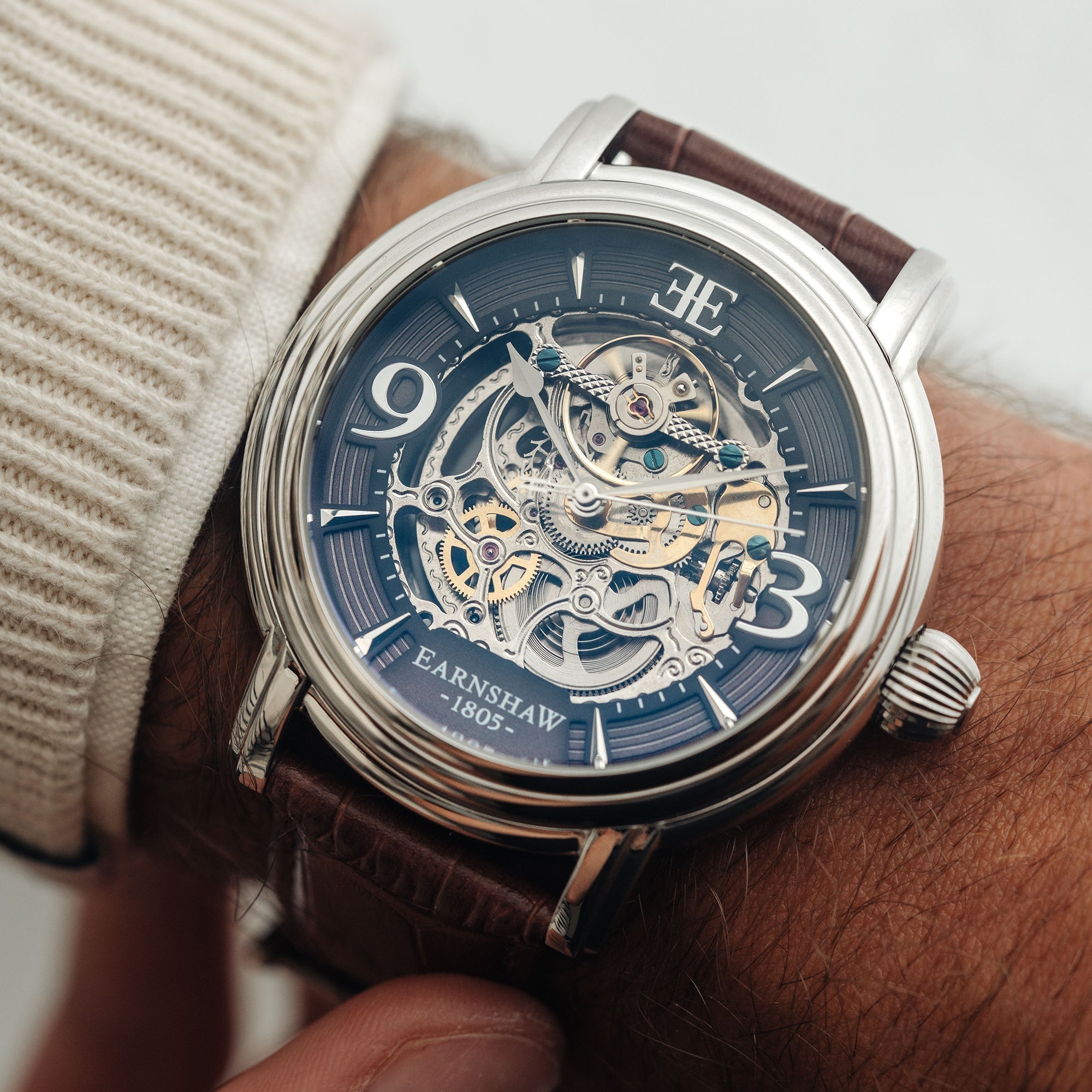 Longcase Automatic Skeleton Watch Grey & Brown / Genuine leather strap | Gray Dial