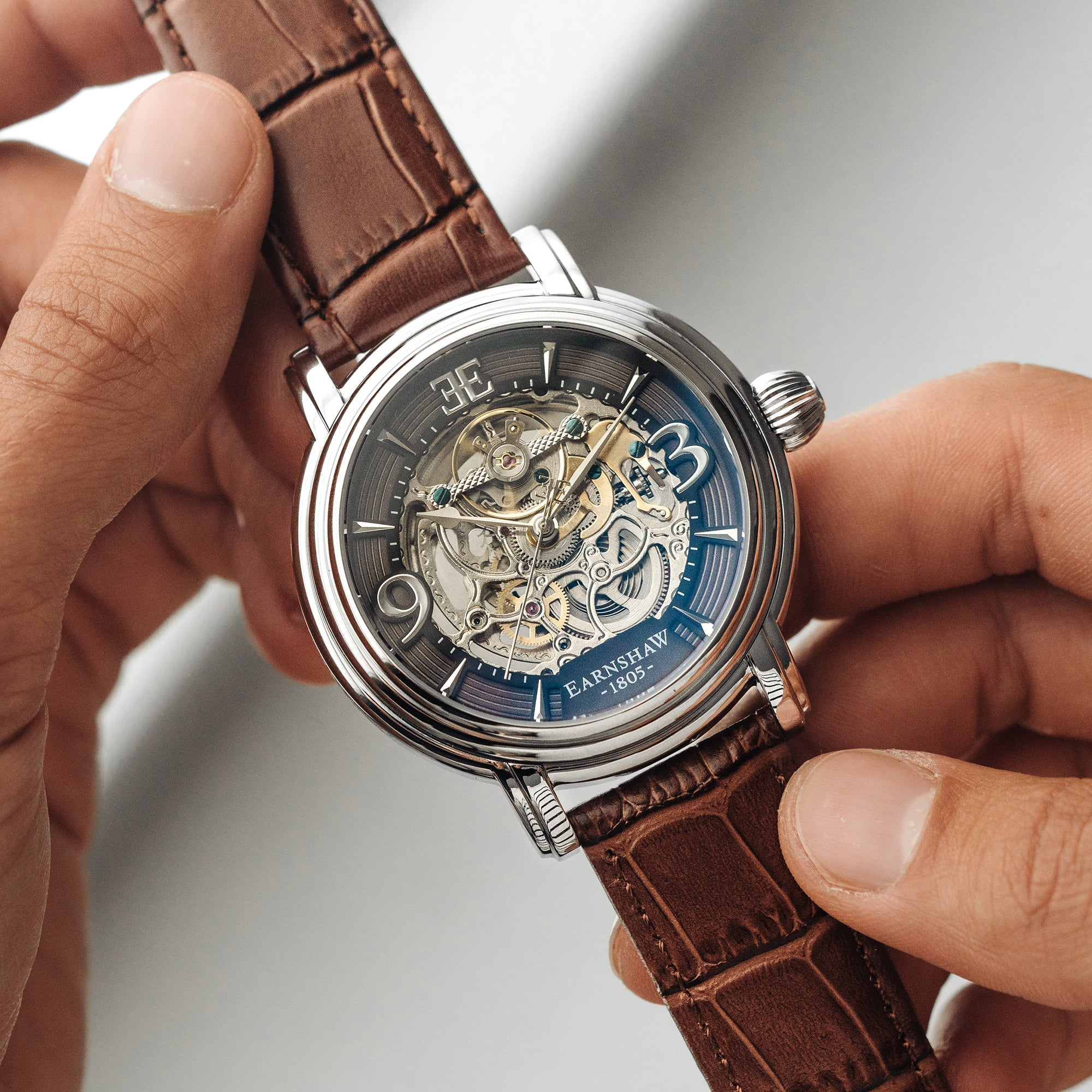 Longcase Automatic Skeleton Watch Grey & Brown / Genuine leather strap | Gray Dial