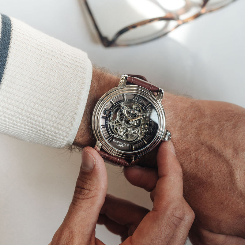 Longcase Automatic Skeleton Watch Grey & Brown / Genuine leather strap | Gray Dial