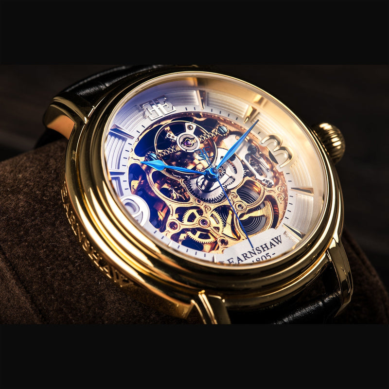 Longcase Automatic Skeleton Watch Silver White & Black / Genuine leather strap | Silver Dial