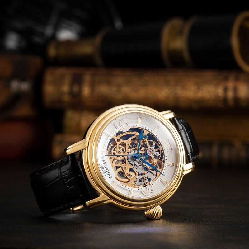 Longcase Automatic Skeleton Watch Silver White & Black / Genuine leather strap | Silver Dial