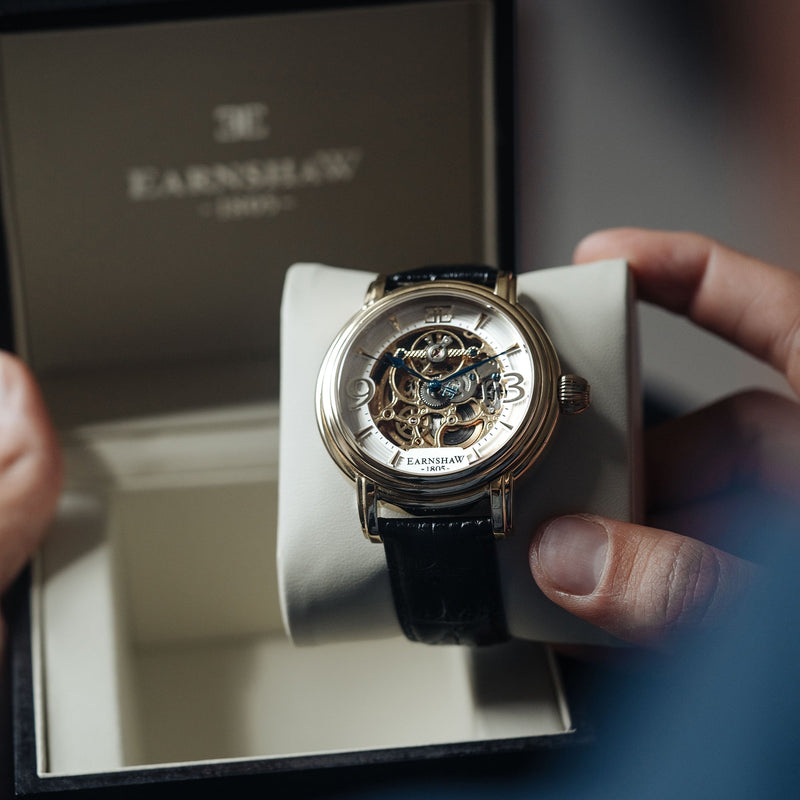 Longcase Automatic Skeleton Watch Silver White & Black / Genuine leather strap | Silver Dial