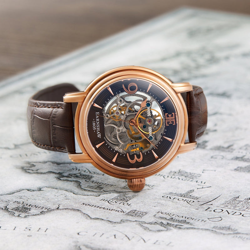 Longcase Automatic Skeleton Watch Brown / Genuine leather strap | Brown Dial