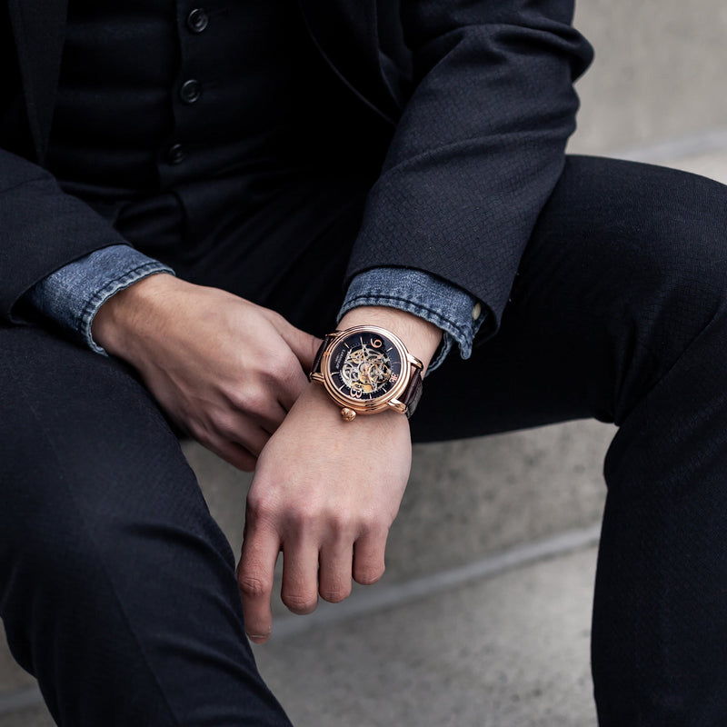 Longcase Automatic Skeleton Watch Brown / Genuine leather strap | Brown Dial