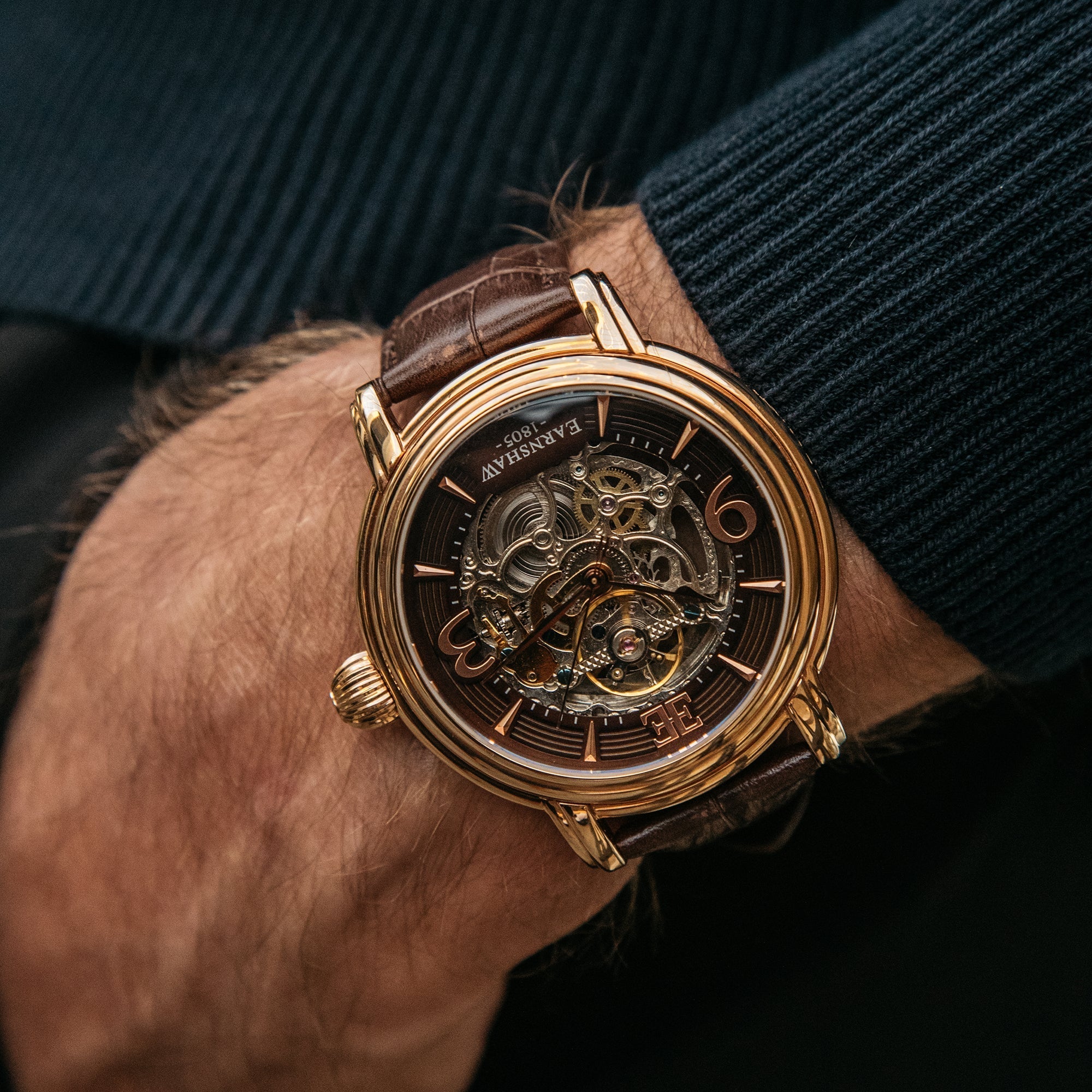 Longcase Automatic Skeleton Watch Brown / Genuine leather strap | Brown Dial