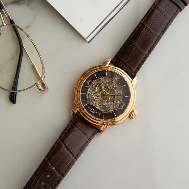 Longcase Automatic Skeleton Watch Brown / Genuine leather strap | Brown Dial