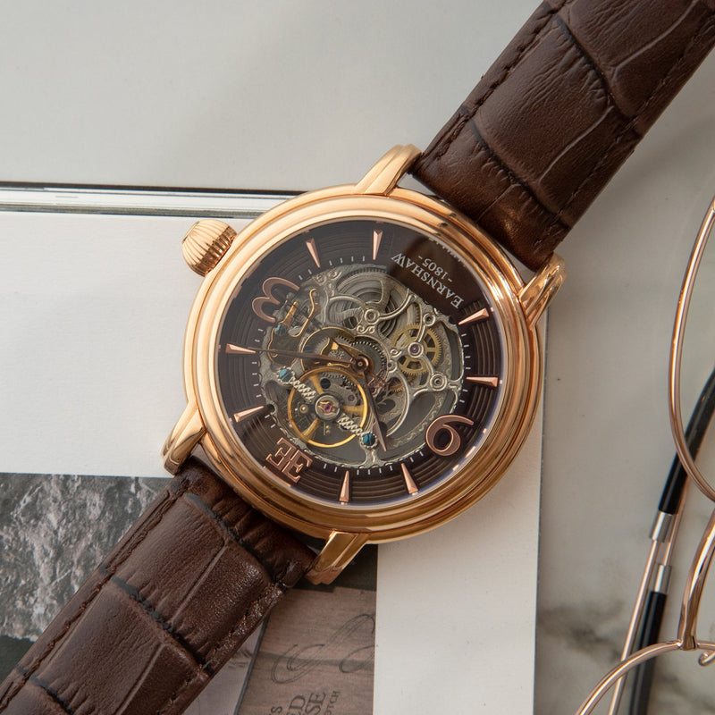 Longcase Automatic Skeleton Watch Brown / Genuine leather strap | Brown Dial