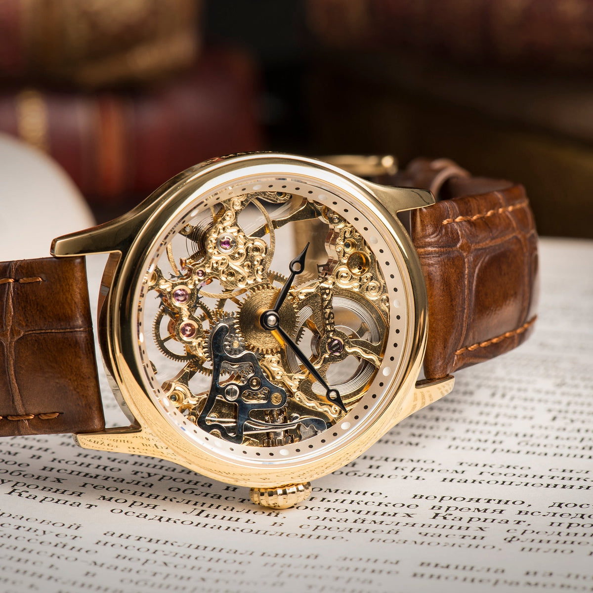 Bauer  Mechanical Skeleton Watch Gold & Brown / Genuine leather strap | Semi-transparent Dial