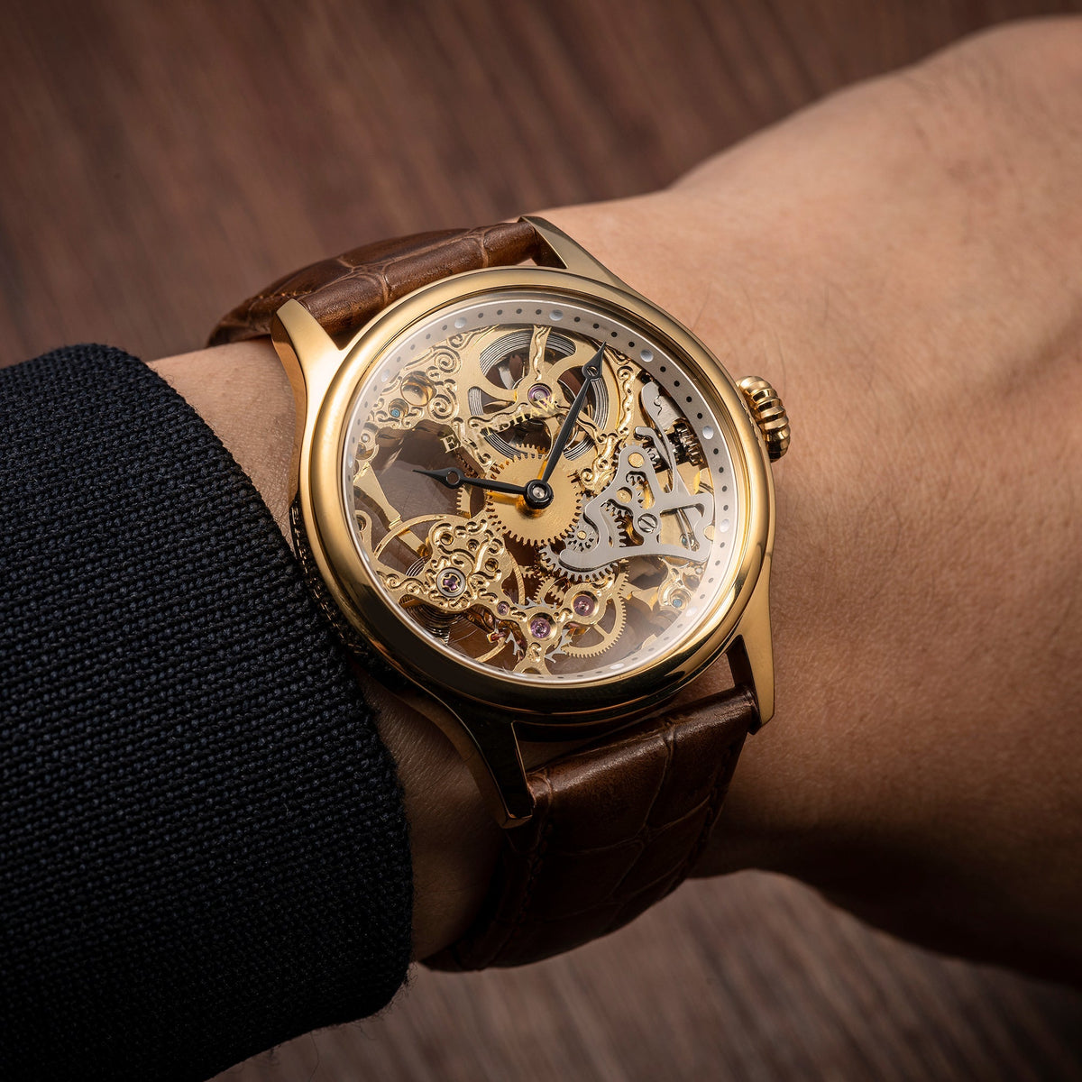 Bauer  Mechanical Skeleton Watch Gold & Brown / Genuine leather strap | Semi-transparent Dial