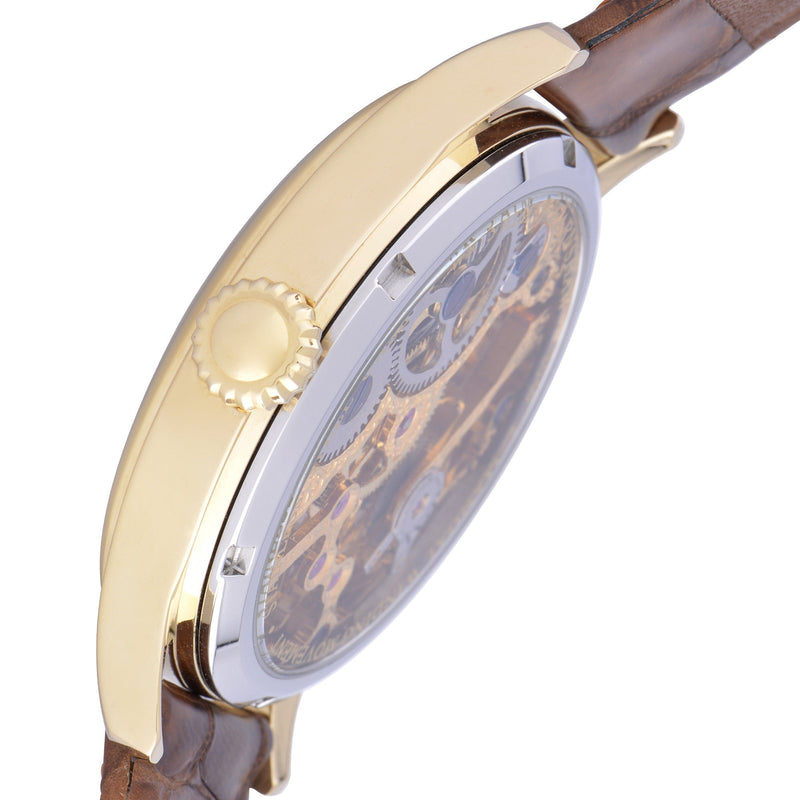 Bauer  Mechanical Skeleton Watch Gold & Brown / Genuine leather strap | Semi-transparent Dial