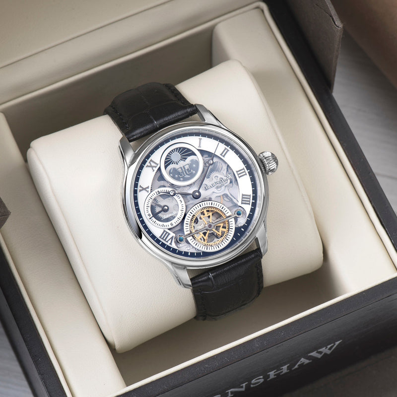 Longitude (Shadow Automatic) Automatic Skeleton Watch Silver White & Black / Genuine leather strap Silver Dial