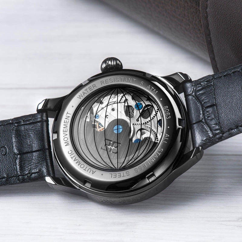 Longitude (Shadow Automatic) Automatic Skeleton Watch Silver White & Black / Genuine leather strap Silver Dial