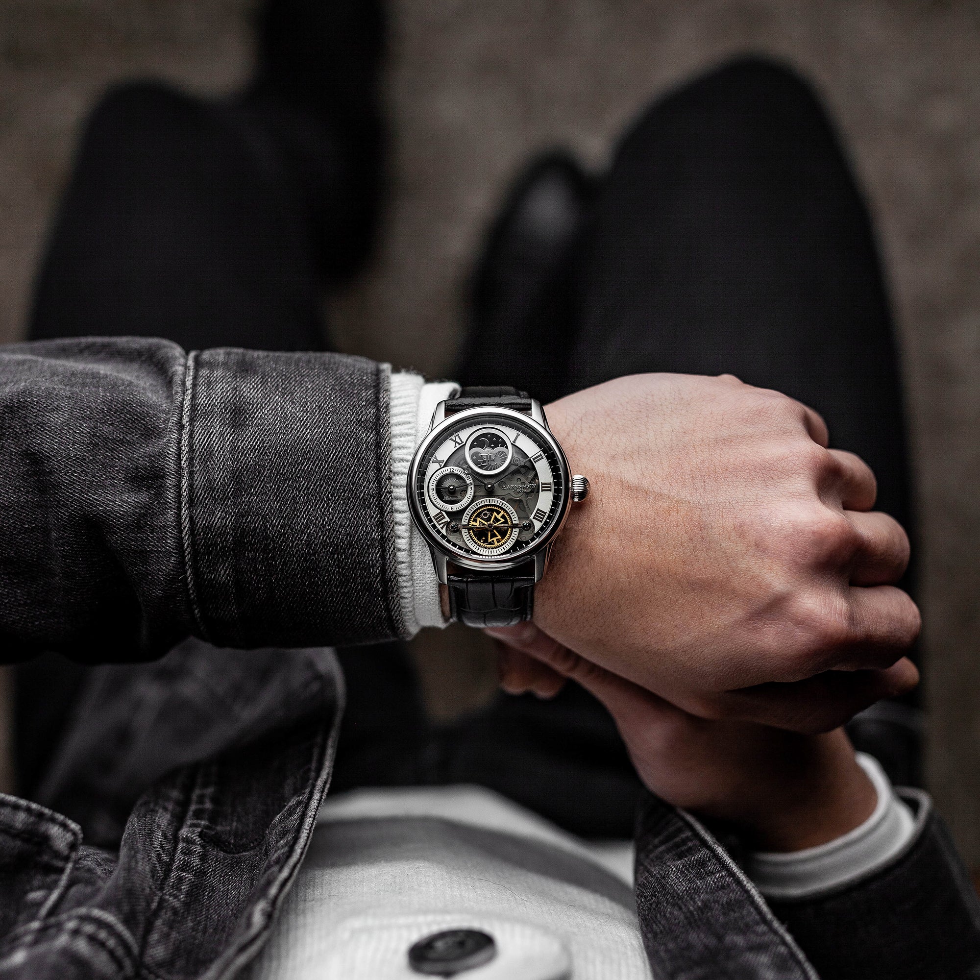 Longitude (Shadow Automatic) Automatic Skeleton Watch Silver White & Black / Genuine leather strap Silver Dial