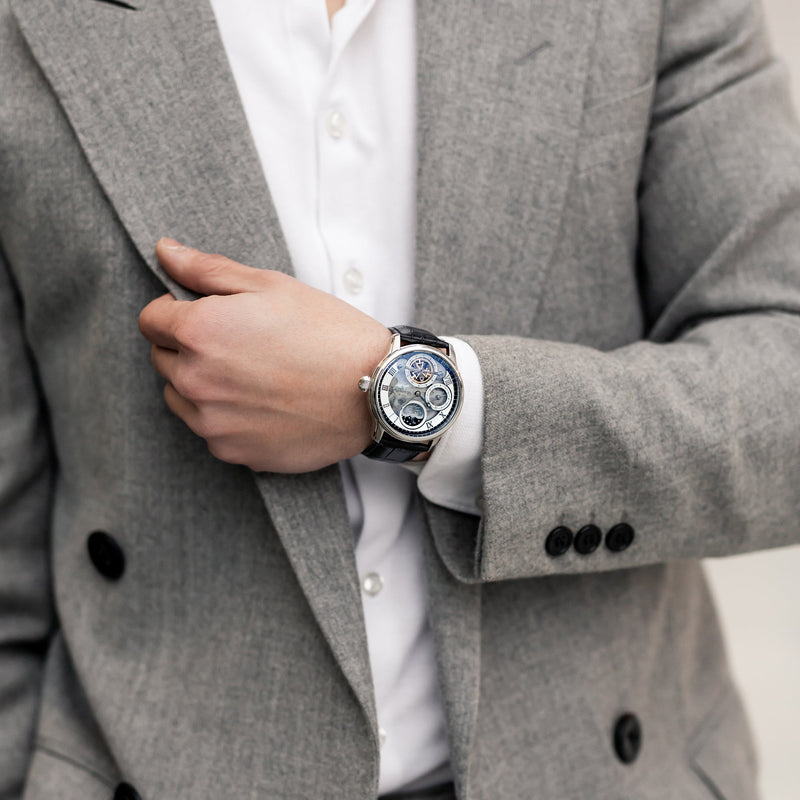Longitude (Shadow Automatic) Automatic Skeleton Watch Silver White & Black / Genuine leather strap Silver Dial