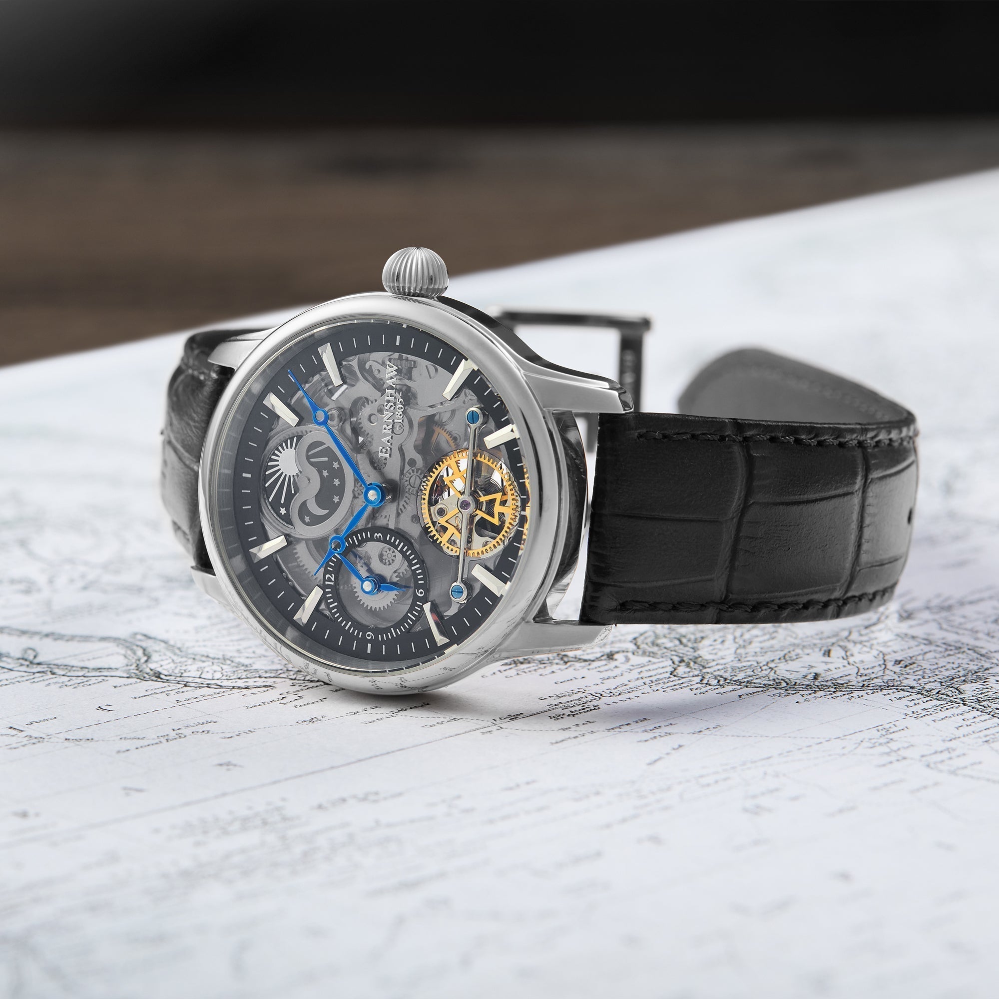 Longitude (Shadow Automatic) Automatic Skeleton Watch Black / Genuine leather strap Black Dial
