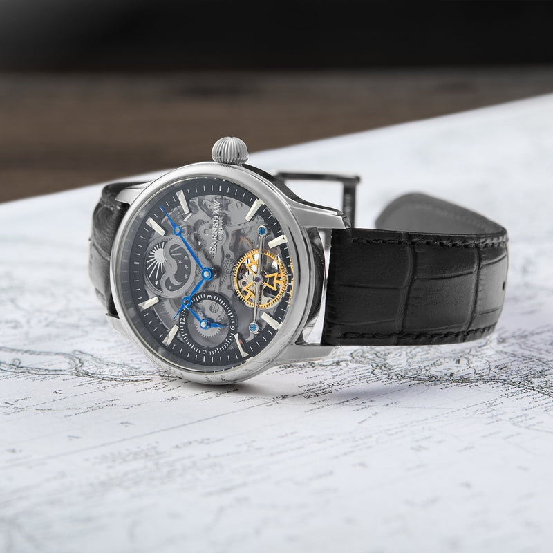 Longitude (Shadow Automatic) Automatic Skeleton Watch Black / Genuine leather strap Black Dial