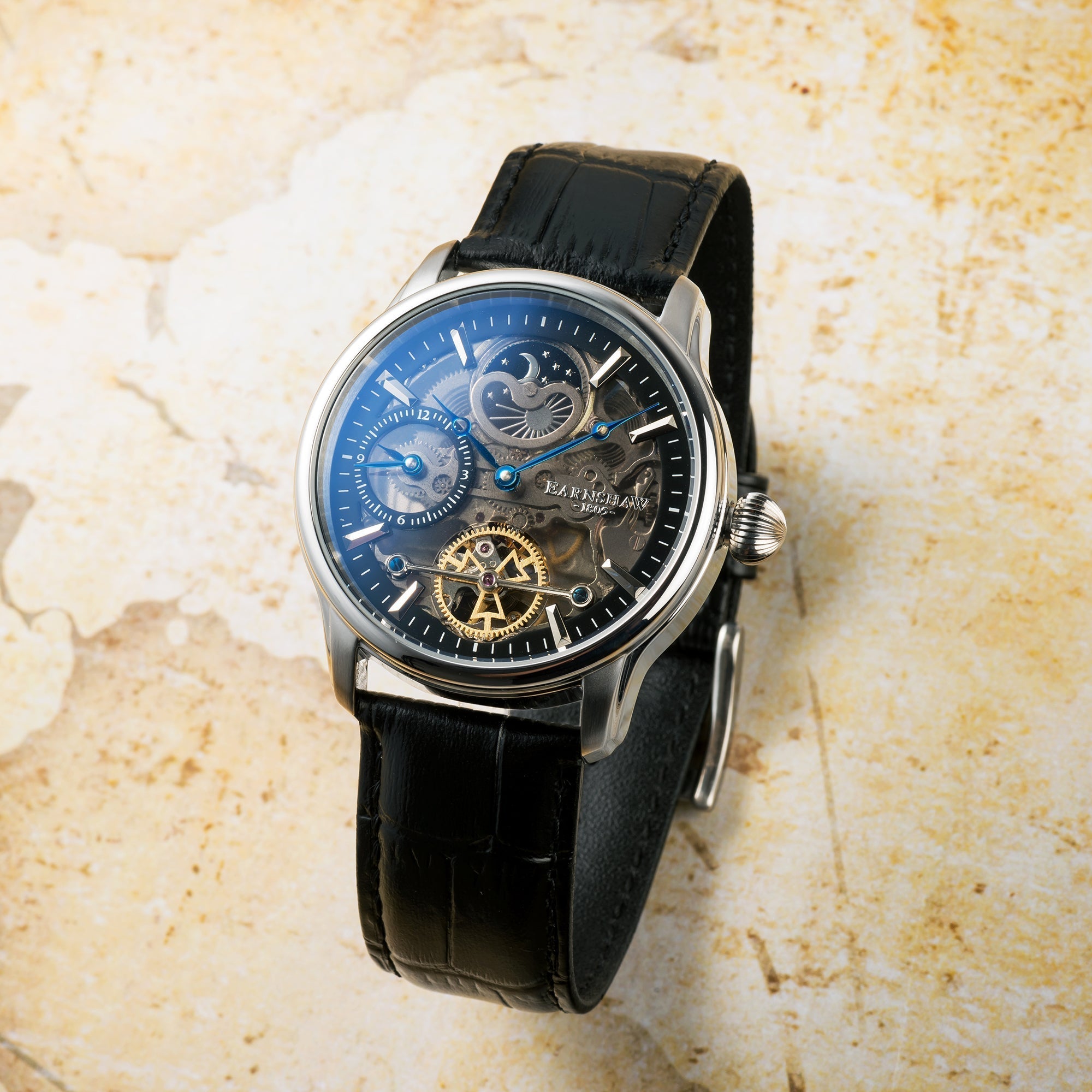 Longitude (Shadow Automatic) Automatic Skeleton Watch Black / Genuine leather strap Black Dial