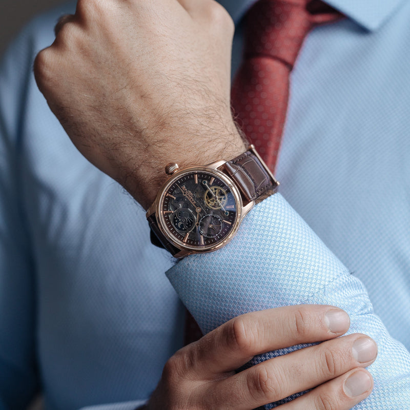 Longitude (Shadow Automatic) Automatic Skeleton Watch Brown / Genuine leather strap | Semi-transparent Dial