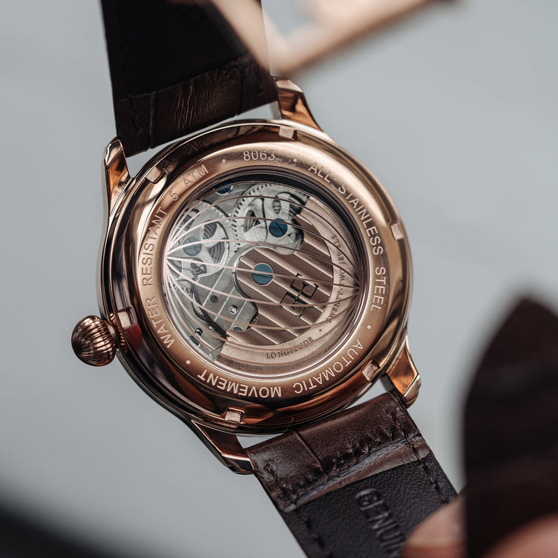 Longitude (Shadow Automatic) Automatic Skeleton Watch Brown / Genuine leather strap | Semi-transparent Dial