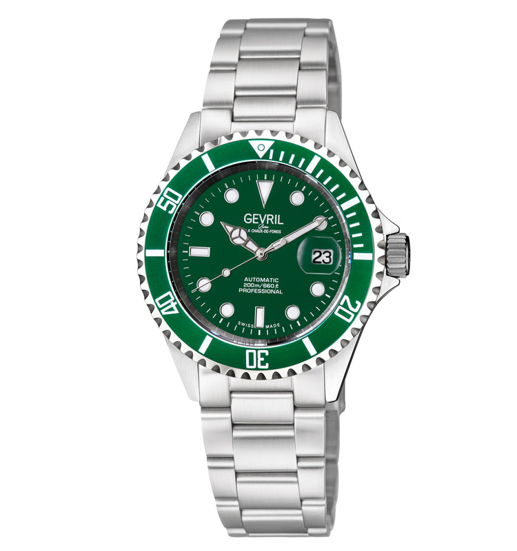 Wall Street Gevril Swiss Made SW200 Steel Rotating bezel Watch, 316L Case, Green DIal | Green Dial