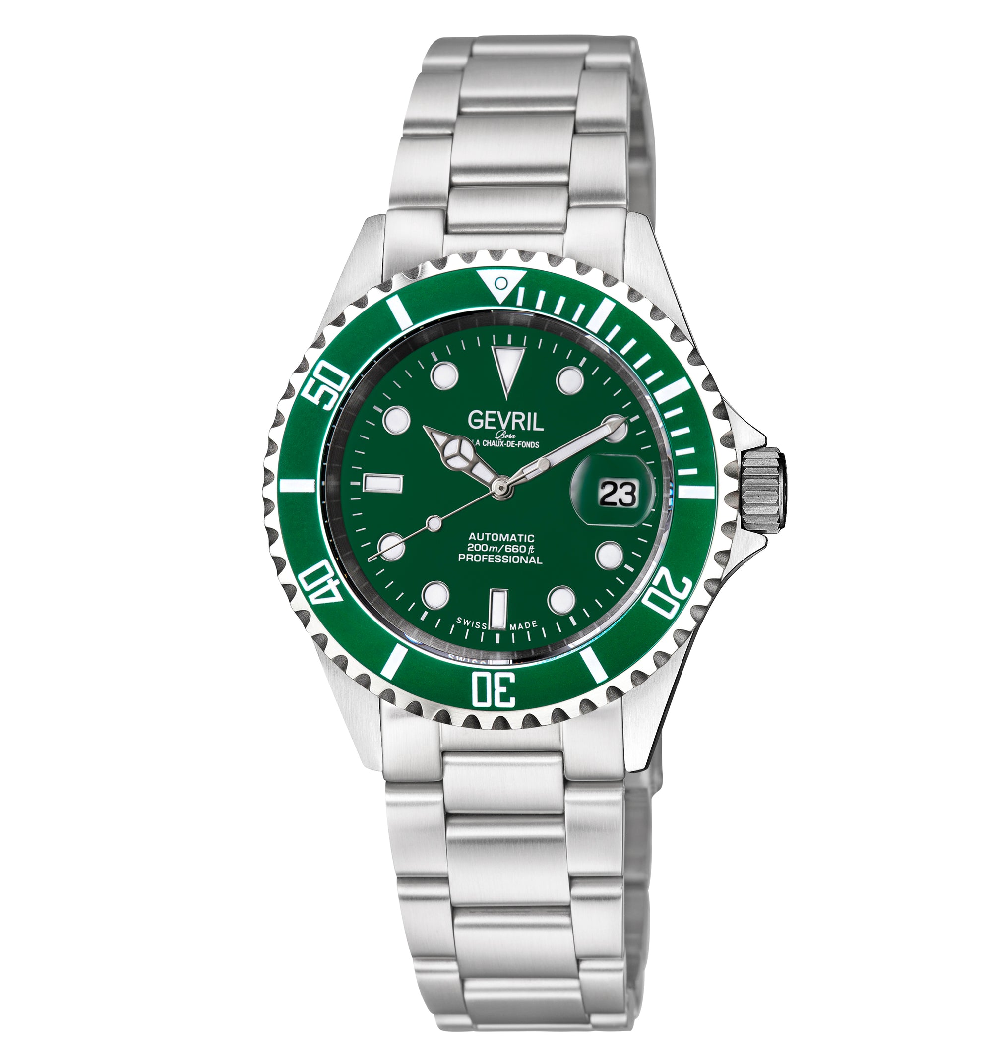 Wall Street Gevril Swiss Made SW200 Steel Rotating bezel Watch, 316L Case, Green DIal Green Dial