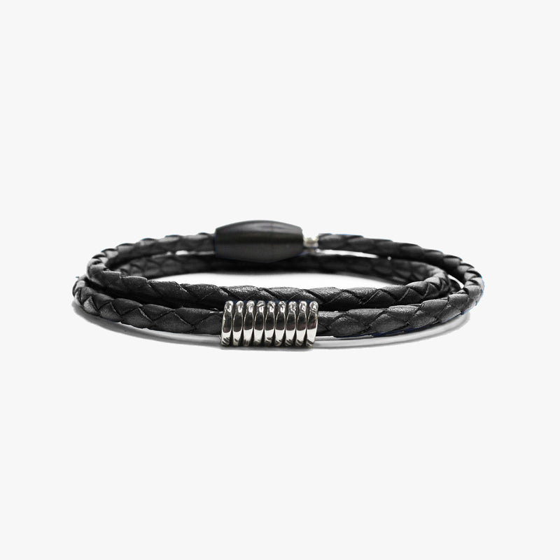 Braided Black Leather w/ Sterling Coil M (7.25" Wrist) |  Dial