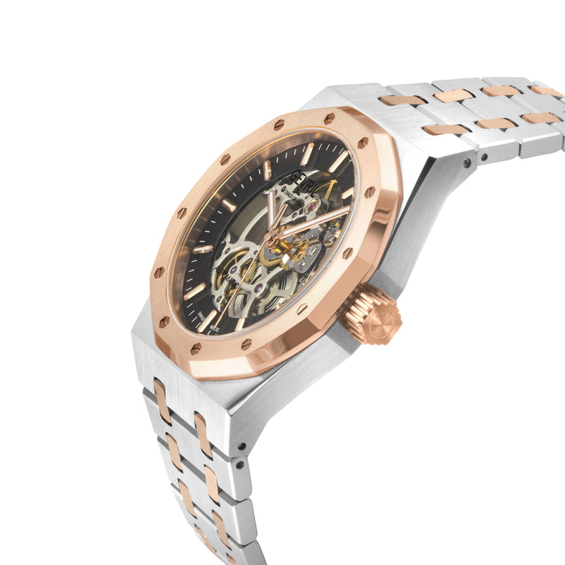 Gotham -Skeleton Swiss Automatic Movement, Skeleton  Dial, Two toned 316L Stainless Steel IPRG Bracelet | Skeleton Dial