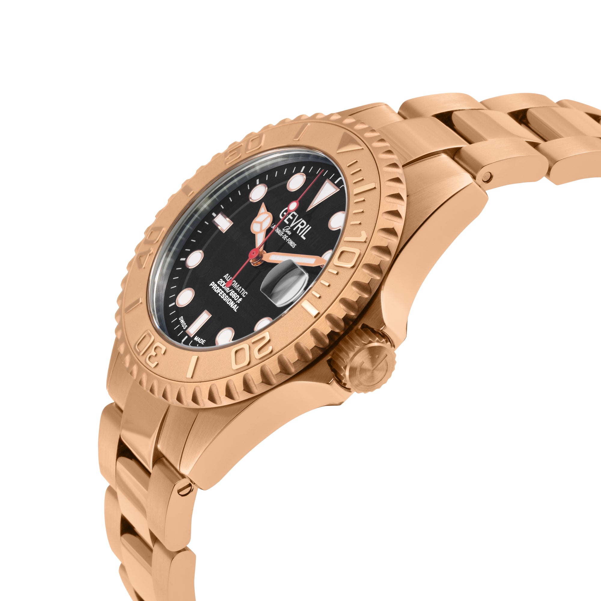 Wall Street Gevril Swiss Made SW200 Steel Rotating Bezel Diver's watch, Rose Gold bezel, Black dial | Blue Dial
