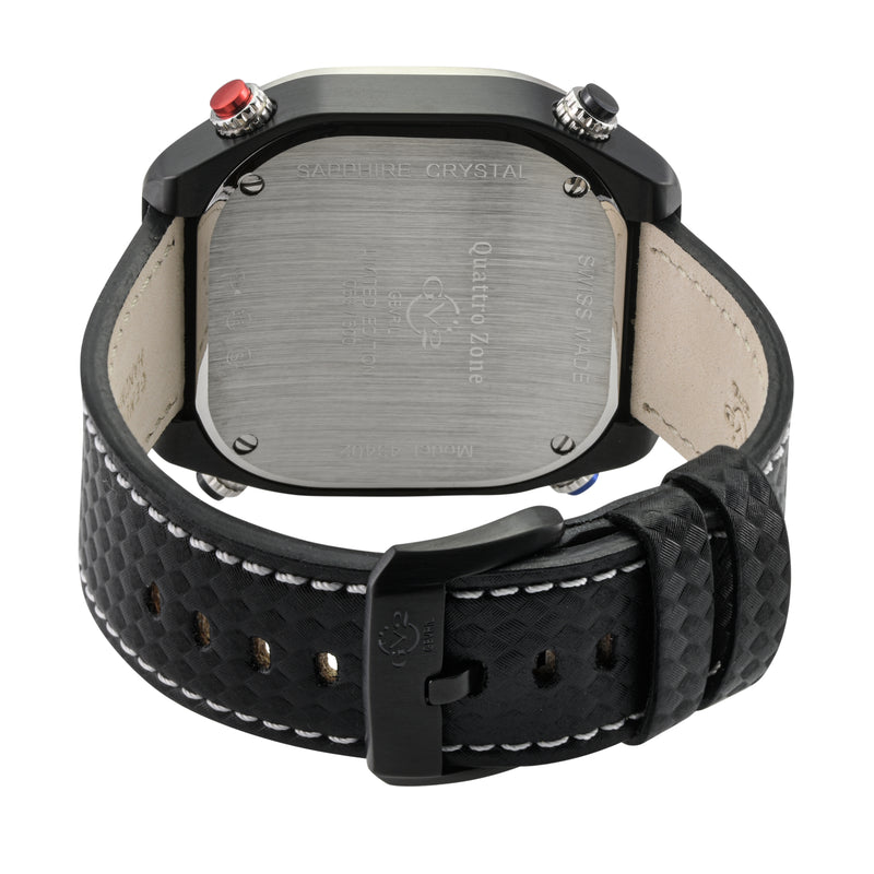 Quattro Zone GV2 Swiss Quartz, 316L Black Case, Silver Bezel, Black dial, Sub Dials, Black Italian Leather Strap | Black Dial