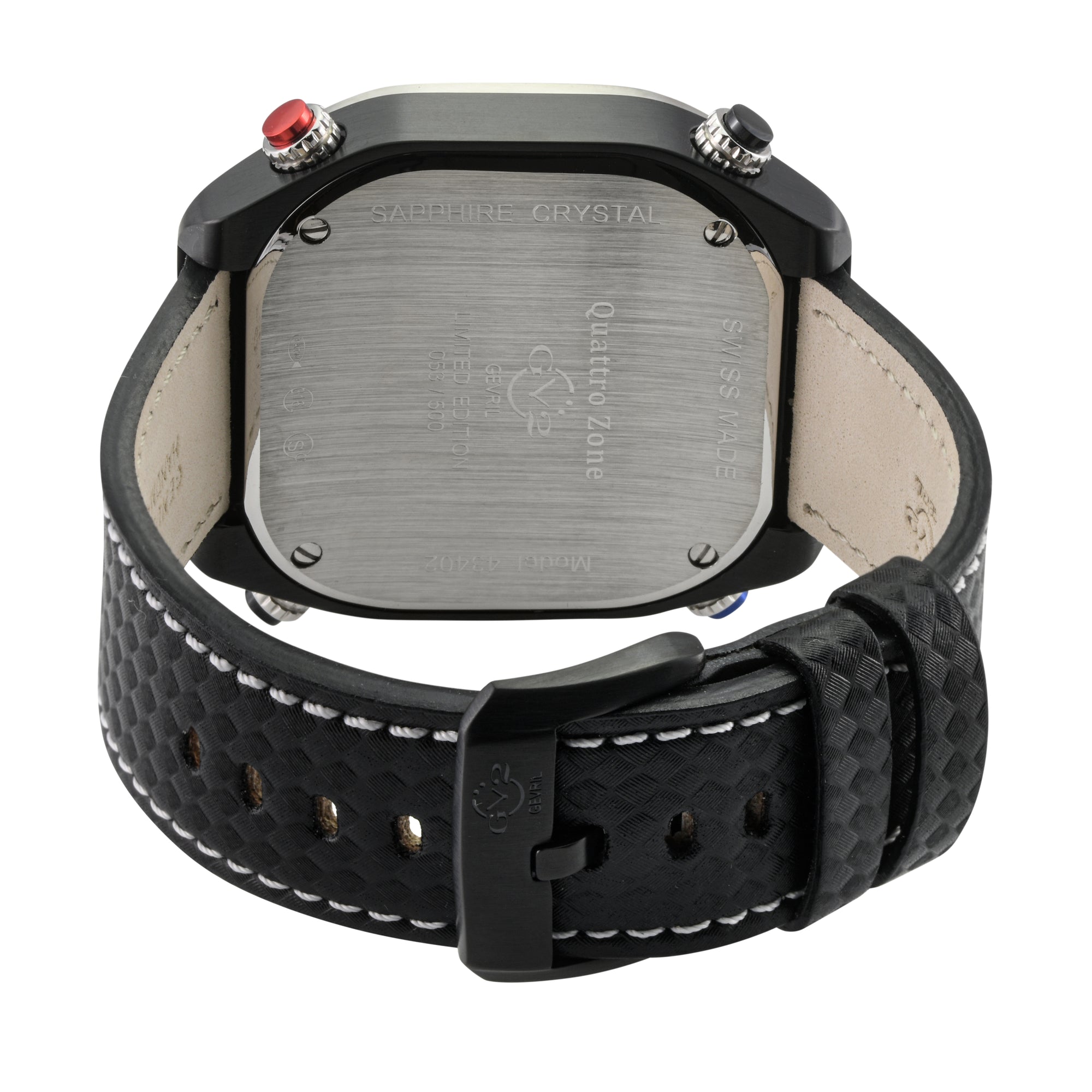 Quattro Zone GV2 Swiss Quartz, 316L Black Case, Silver Bezel, Black dial, Sub Dials, Black Italian Leather Strap | Black Dial