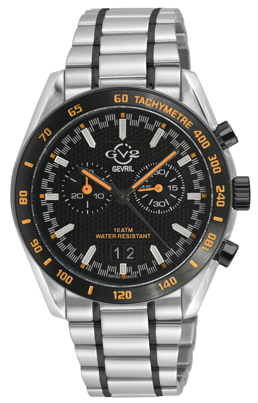 Freccia-Chronograph GV2 Swiss Quartz, 316L Case, Black Bezel, Black Dial, Two toned SS/IPBLK Stainless Steel Bracelet | Black Dial Dial