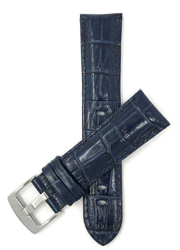 Bandini 26mm Extra long - Blue Italian Leather Watch Band - Alligator Pattern - Semi-Padded 26mm Extra long / Blue / Silver Buckle |  Dial