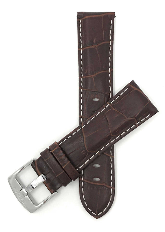 Bandini 20mm Brown Italian Leather Watch Band - Alligator Pattern - White Stitch -  Semi-Padded 20mm / Brown / Silver Buckle |  Dial