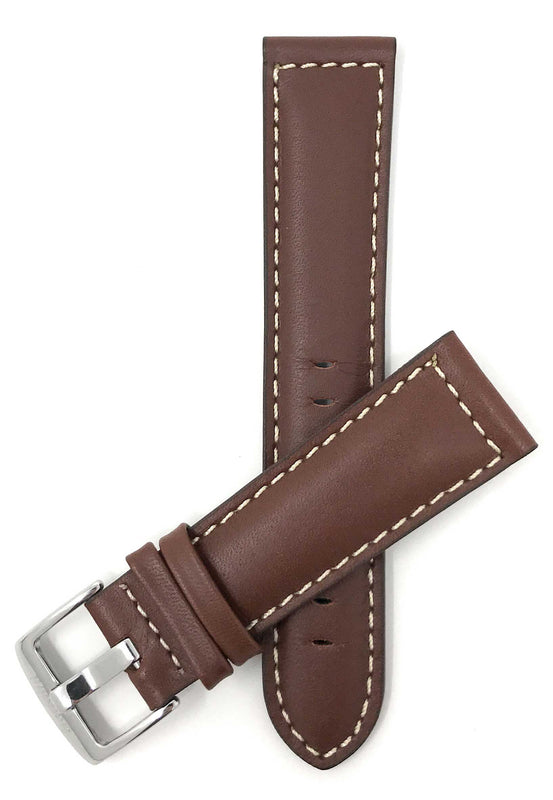 500s | 22mm Light Brown Italian Leather Watch Band - Classic - Padded - White Stitch 22mm / Light Brown / Silver Buckle |  Dial