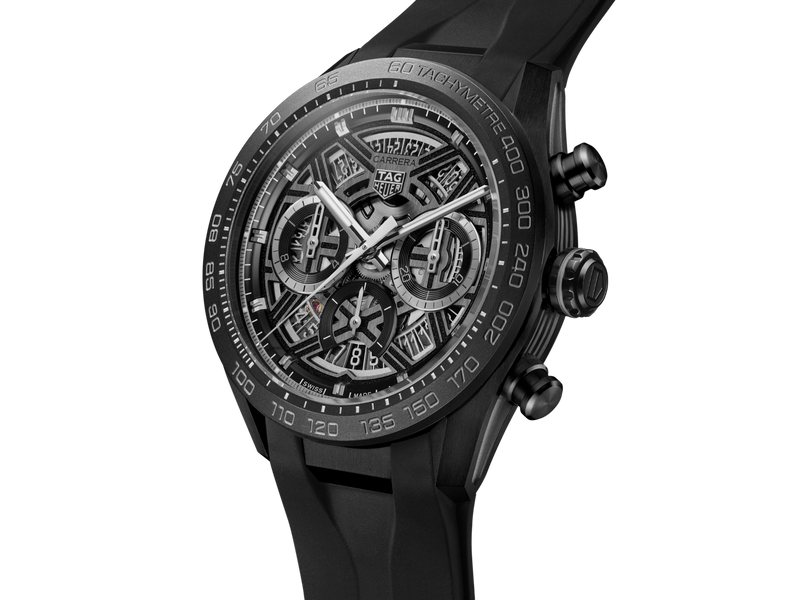 TAG HEUER CARRERA 44M, W/R 100M, TITANIUM/CERAMIC CASE, BLACK RUBBER STRAP, SKELETON DIAL Black Skeleton Dial | Black Skeleton Dial
