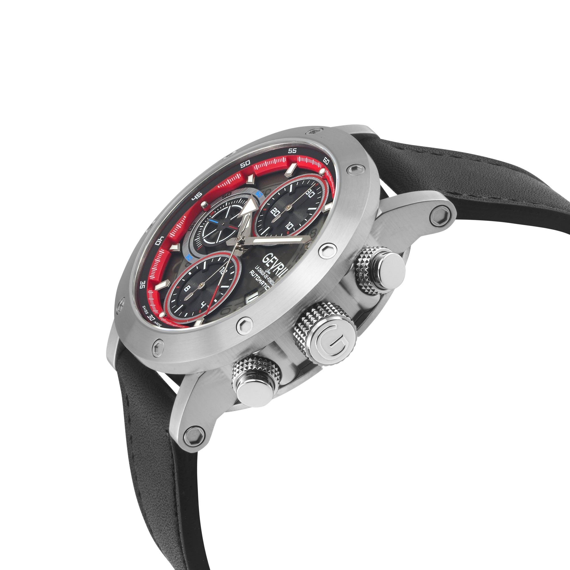 Flat Iron - Chronograph Swiss Made Automatic Chronograph, 42mm Stainless Steel, Black Dial, Black Italian Leather Strap | Black/Red Dial