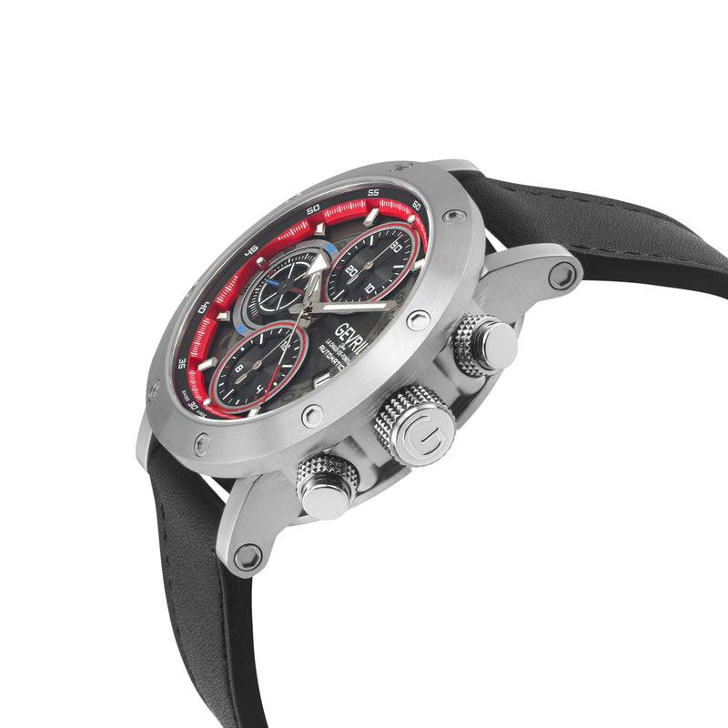Flat Iron - Chronograph Swiss Made Automatic Chronograph, 42mm Stainless Steel, Black Dial, Black Italian Leather Strap | Black/Red Dial