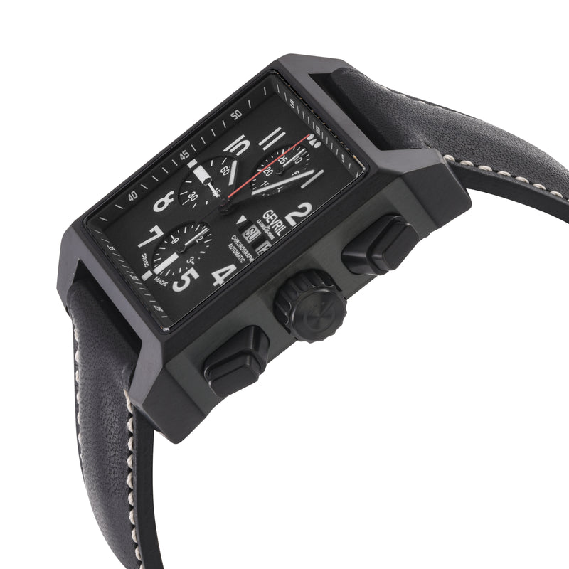 Herald Square Chronograph Gevril ETA7750 Chrono, SS/IPBLK Case, Black Dial, Italian Leather Strap | Black Dial